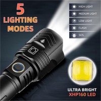 Super Bright Flashlight 1000000 Lumens Rechargeable, Xhp160 Led Tactical Flashlights, 5 Modes, Zoomable, Waterproof, Pocket Handheld Flashlight For Camping Emergencies