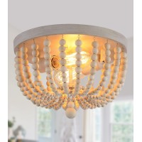 Qs Boho Chandelier Wood Beaded Flush Mount Ceiling Light Fixtures For Nursery Baby Bedroom Kitchen Hallway Oak White Finish 2L