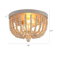 Qs Boho Chandelier Wood Beaded Flush Mount Ceiling Light Fixtures For Nursery Baby Bedroom Kitchen Hallway Oak White Finish 2L