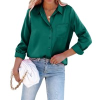 Pausus Womens Satin Button Down Shirt SlimFit Long Sleeve V Neck collar Office casual Shirt Blouse with PocketgreenL