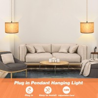 Plug In Pendant Light, Hanging Lights With Plug In Cord, Hanging Lamp With 15Ft Hemp Rope, On/Off Switch, Beige Linen Shade, Hanging Light Fixture For Bedroom, Living Room, Dining Table 2 Pack