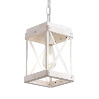 Fivess Lighting Modern Farmhouse Antique White Distressed Pendant Light With Wood And Metal Cage, One-Light Adjustable Chains Rustic Mini Pendant Lighting Fixture For Kitchen Island Cafe Bar