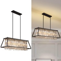 Lmqnine Dining Room Light Fixture Farmhouse Chandelier Black Metal Crystal Pendant Light For Kitchen Island Dining Room Living Room Flat And Inclined Ceiling (Rectangular -35.43In)