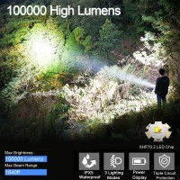 Kwznob Rechargeable Led Flashlights 100000 High Lumens Super Bright Flashlights With 3 Modes Waterproof Zoomable Flash Light Fo