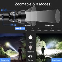 Kwznob Rechargeable Led Flashlights 100000 High Lumens Super Bright Flashlights With 3 Modes Waterproof Zoomable Flash Light Fo