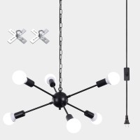 Etonimerr Plug In Chandelier 6 Light, Modern Hanging Lights With Plug In Cord 16.4Ft & On/Off Switch Plug In Sputnik Ceiling Light, Black Plug In Pendant Light For Kitchen Dining Living Room Bedroom