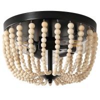 3-Light Boho Wood Bead Chandelier Ceiling Flush Mount Light Fixture,Solid Oak Natural Wood Color Chandelier For Hallway Small Room Baby'S Nursery Bedroom Laundry Room Cloakroom