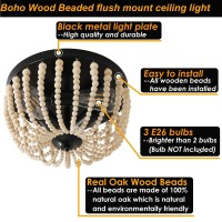 3-Light Boho Wood Bead Chandelier Ceiling Flush Mount Light Fixture,Solid Oak Natural Wood Color Chandelier For Hallway Small Room Baby'S Nursery Bedroom Laundry Room Cloakroom