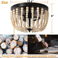 3-Light Boho Wood Bead Chandelier Ceiling Flush Mount Light Fixture,Solid Oak Natural Wood Color Chandelier For Hallway Small Room Baby'S Nursery Bedroom Laundry Room Cloakroom