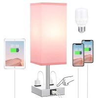 Bedside Lamp With Usb Port And Outlet, 3-Way Dimmable Touch Lamp With Usb Charging Port For Bedroom, Small Pink Table Lamp With Charger For Nightstand Living Room Office Desk (Led Bulb Included)