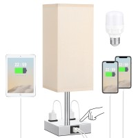 Bedside Lamp With Usb Port And Outlet, 3-Way Dimmable Touch Lamp With Usb Charging Port For Bedroom, Small Table Lamp With Gold Lampshade For Nightstand Living Room Office Desk (Led Bulb Included)