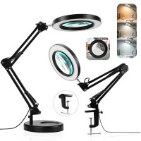 Magnifying Glass With Light And Stand - 2-In-1 Stepless Dimmable Led Magnifying Desk Lamp With Clamp - 3 Color Modes Lighted Magnifier Lens Swivel Arm Light For Reading, Craft, Close Works