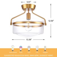 Heircido Flush Mount Ceiling Light Fixtures Gold, 13.5 Inch Metal Ceiling Light Fixtures, Farmhouse Close To Ceiling Light Fixtures With Clear Glass