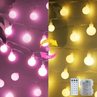 Valentines Decorations Globe String Lights Battery Operated, Color Changing 50 Led Hanging Lights 16.4 Ft Camping String Lights W/ Remote Timer For Bedroom Indoor Holiday Decor (Pink & Warm White)