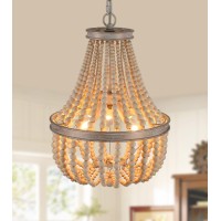 Q&S Wood Beaded Chandelier 3-Lights Rustic Antique Vintage Farmhouse Boho Pendant Light Fixtures For Nursery Babys Bedroom Dining Room Kitchen Entryway Ul Listed