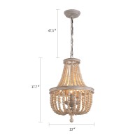 Q&S Wood Beaded Chandelier 3-Lights Rustic Antique Vintage Farmhouse Boho Pendant Light Fixtures For Nursery Babys Bedroom Dining Room Kitchen Entryway Ul Listed