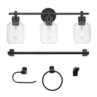 Globe Electric 65556 Cannes 5-Piece All-In-One Bathroom Set, Matte Black, 3-Light Vanity Light With Clear Glass Shades, Towel Bar, Toilet Paper Holder, Towel Ring, Robe Hook, Bulb Not Included