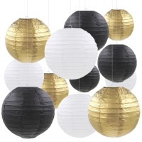 Pheila Black Gold Party Decorations 12 Pcs Round Chinese Paper Lanterns Black Gold White Paper Lanterns Decorative For Wedding Graduation Anniversary Birthday Party Decorations