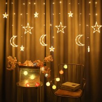 126 Led Star Lights, 3M Battery Powered Twinkle Star Moon Fairy Lights, Curtain String Lights For Ramadan Window Wedding Garden Christmas Decoration, With 2 Lighting Modes