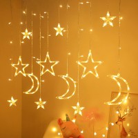 126 Led Star Lights, 3M Battery Powered Twinkle Star Moon Fairy Lights, Curtain String Lights For Ramadan Window Wedding Garden Christmas Decoration, With 2 Lighting Modes