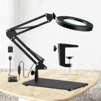 5X Magnifying Glass With Light And Stand, Hitti 2-In-1 Magnifier With Light Large Base & Clamp, 3 Color Modes Stepless Dimmable Led Magnifying Lamp, Adjustable Swing Arm For Repair, Crafts, Soldering