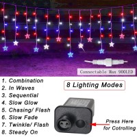 Pooqla 4Th Of July Icicle String Lights, 15Ft Red White And Blue Memorial Day Icicle Star Lights 8 Modes, 150 Led Outdoor Patriotic Hanging Curtain Fairy Lights Connectable For Independence Day Decor