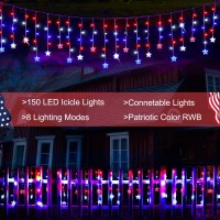 Pooqla 4Th Of July Icicle String Lights, 15Ft Red White And Blue Memorial Day Icicle Star Lights 8 Modes, 150 Led Outdoor Patriotic Hanging Curtain Fairy Lights Connectable For Independence Day Decor