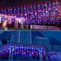 Pooqla 4Th Of July Icicle String Lights, 15Ft Red White And Blue Memorial Day Icicle Star Lights 8 Modes, 150 Led Outdoor Patriotic Hanging Curtain Fairy Lights Connectable For Independence Day Decor