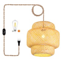 Plug In Pendant Light Rattan Hanging Lights With Plug In Cord Bamboo Hanging Lamp Dimmable,Handmade Woven Boho Wicker Basket Lamp Shade,Plug In Ceiling Light Fixture For Living Room Bedroom Kitchen