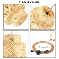 Plug In Pendant Light Rattan Hanging Lights With Plug In Cord Bamboo Hanging Lamp Dimmable,Handmade Woven Boho Wicker Basket Lamp Shade,Plug In Ceiling Light Fixture For Living Room Bedroom Kitchen