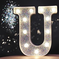 Pooqla Led Marquee Letter Lights, Light Up Silver Letters Glitter Alphabet Letter Sign Battery Powered For Night Light Birthday Party Wedding Girls Gifts Home Bar Christmas Decoration, Silver Letter U