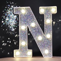 Pooqla Led Marquee Letter Lights, Light Up Silver Letters Glitter Alphabet Letter Sign Battery Powered For Night Light Birthday Party Wedding Girls Gifts Home Bar Christmas Decoration, Silver Letter N