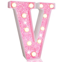 Pooqla Led Marquee Letter Lights, Light Up Pink Letters Glitter Alphabet Letter Sign Battery Powered For Night Light Birthday Party Wedding Girls Gifts Home Bar Christmas Decoration, Pink Letter V