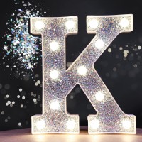 Pooqla Led Marquee Letter Lights, Light Up Silver Letters Glitter Alphabet Letter Sign Battery Powered For Night Light Birthday Party Wedding Girls Gifts Home Bar Christmas Decoration, Silver Letter K