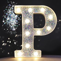 Pooqla Led Marquee Letter Lights, Light Up Silver Letters Glitter Alphabet Letter Sign Battery Powered For Night Light Birthday Party Wedding Girls Gifts Home Bar Christmas Decoration, Silver Letter P