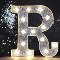 Pooqla Led Marquee Letter Lights, Light Up Silver Letters Glitter Alphabet Letter Sign Battery Powered For Night Light Birthday Party Wedding Girls Gifts Home Bar Christmas Decoration, Silver Letter R