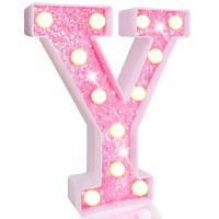 Pooqla Led Marquee Letter Lights, Light Up Pink Letters Glitter Alphabet Letter Sign Battery Powered For Night Light Birthday Party Wedding Girls Gifts Home Bar Christmas Decoration, Pink Letter Y