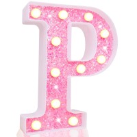 Pooqla Led Marquee Letter Lights, Light Up Pink Letters Glitter Alphabet Letter Sign Battery Powered For Night Light Birthday Party Wedding Girls Gifts Home Bar Christmas Decoration, Pink Letter P