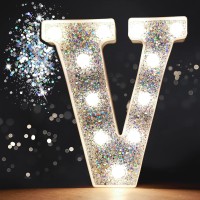 Pooqla Led Marquee Letter Lights, Light Up Silver Letters Glitter Alphabet Letter Sign Battery Powered For Night Light Birthday Party Wedding Girls Gifts Home Bar Christmas Decoration, Silver Letter V