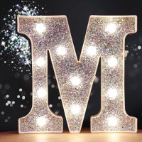 Pooqla Led Marquee Letter Lights, Light Up Silver Letters Glitter Alphabet Letter Sign Battery Powered For Night Light Birthday Party Wedding Girls Gifts Home Bar Christmas Decoration, Silver Letter M