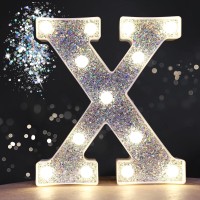 Pooqla Led Marquee Letter Lights, Light Up Silver Letters Glitter Alphabet Letter Sign Battery Powered For Night Light Birthday Party Wedding Girls Gifts Home Bar Christmas Decoration, Silver Letter X