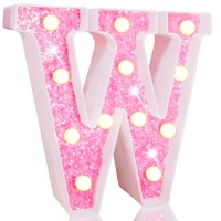 Pooqla Led Marquee Letter Lights, Light Up Pink Letters Glitter Alphabet Letter Sign Battery Powered For Night Light Birthday Party Wedding Girls Gifts Home Bar Christmas Decoration, Pink Letter W