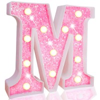 Pooqla Led Marquee Letter Lights, Light Up Pink Letters Glitter Alphabet Letter Sign Battery Powered For Night Light Birthday Party Wedding Girls Gifts Home Bar Christmas Decoration, Pink Letter M