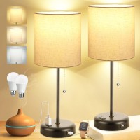 Kbest Table Lamps Set Of 2 With Usb Port, Bedside Table Lamps For Bedroom Living Room Dorm Office, 3 Color Mode Pull Chain Nightstand Lamp With Linen Shape Desk Light, Ac Outlet 2 Blubs Included.