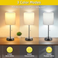 Kbest Table Lamps Set Of 2 With Usb Port, Bedside Table Lamps For Bedroom Living Room Dorm Office, 3 Color Mode Pull Chain Nightstand Lamp With Linen Shape Desk Light, Ac Outlet 2 Blubs Included.