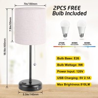 Kbest Table Lamps Set Of 2 With Usb Port, Bedside Table Lamps For Bedroom Living Room Dorm Office, 3 Color Mode Pull Chain Nightstand Lamp With Linen Shape Desk Light, Ac Outlet 2 Blubs Included.