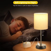 Kbest Table Lamps Set Of 2 With Usb Port, Bedside Table Lamps For Bedroom Living Room Dorm Office, 3 Color Mode Pull Chain Nightstand Lamp With Linen Shape Desk Light, Ac Outlet 2 Blubs Included.