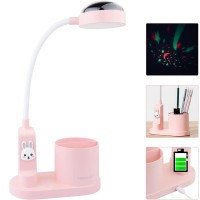 Cute Kids Desk Lamp 2000Mah Rechargeable Kawaii Desk Lamp With Star Projection/Pen Holder, Aesthetic Kids Bedside Lamp With Flexible Gooseneck/ 3 Level Brightness/Eye-Caring For Reading, Pink