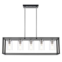 Vinluz Farmhouse Kitchen Island Lighting Fixture 5 Light Black And Chrome Finish Linear Pendant Chandelier With Clear Glass Lamp