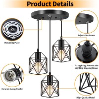 Licperron Industrial 3Light Pendant Light Adjustable Kitchen Hanging Ceiling Light Fixtures With Metal Cage Black Farmhouse P